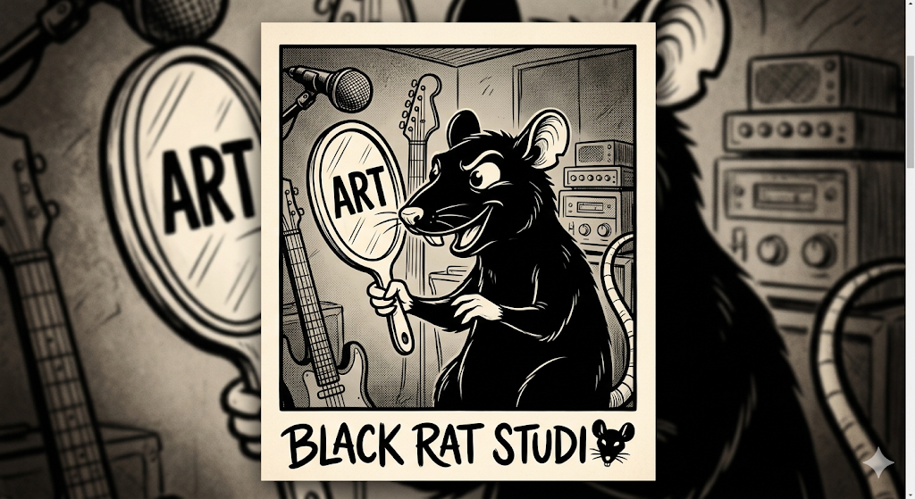 Illustration du rat tenant un miroir ART — mascotte Black Rat Studio